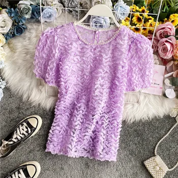 

Summer Women Mesh T-shirt Short Sleeve Woman Bead Work Mesh Tees Femme Mesh Tops