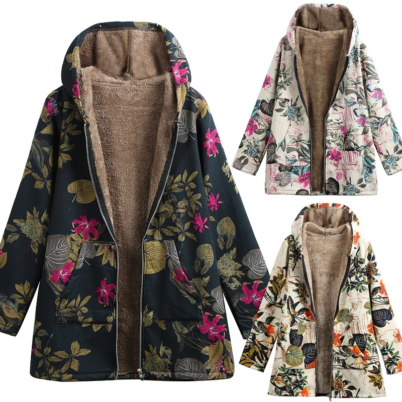 5XL размера плюс парка с капюшоном Женская куртка пальто из искусственного меха Топы цветочный принт боковые карманы теплое винтажное длинное пальто Верхняя одежда Женская туника