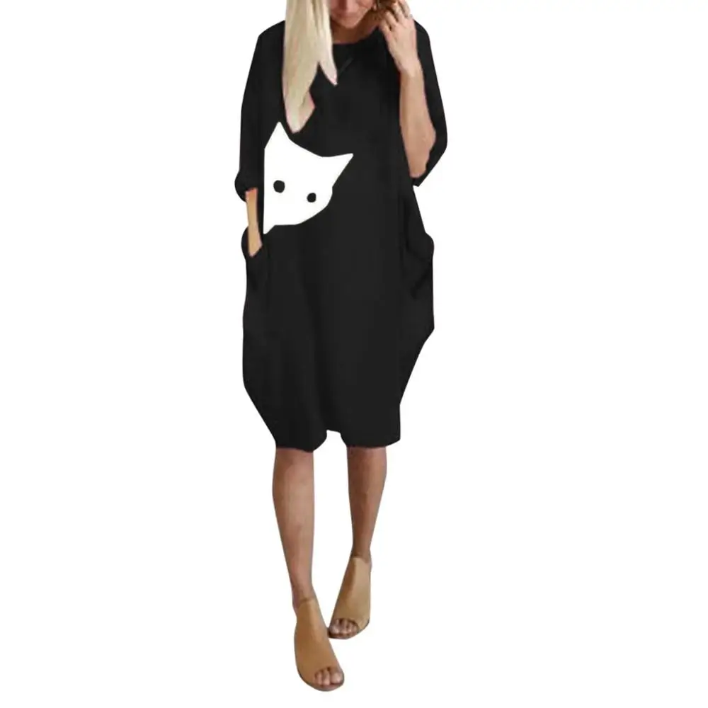 Feitong размера плюс Бохо женское платье женское повседневное свободное платье с карманами вырез лодочкой мини платье женское платье vestidos verano Новинка - Цвет: Cat Black