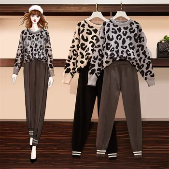 

Women Casual Knitted Tracksuit Autumn Winter Leopard Print Thick Warm Loose Sweater Fashion 2 Piece Set + Balck Pencil Pants Set