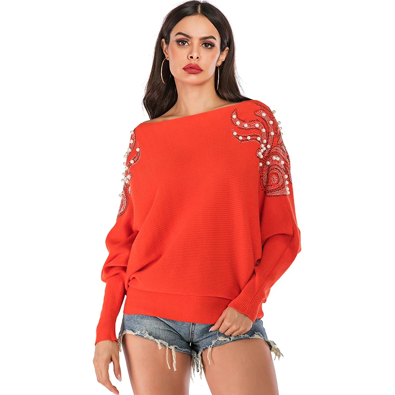 

2019 Chic Sweater Women Batwing Sleeve Beaded Loose Long Knitted Women Pullover Sweater 2019 Autumn Winter Jumper Ladies Tops