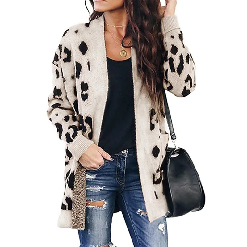 Leopard Print Women Plus Size Cardigans New Fashion Long Sleeves Pockets Knitted Sweaters Winter Clothes Sueter Mujer Invierno |