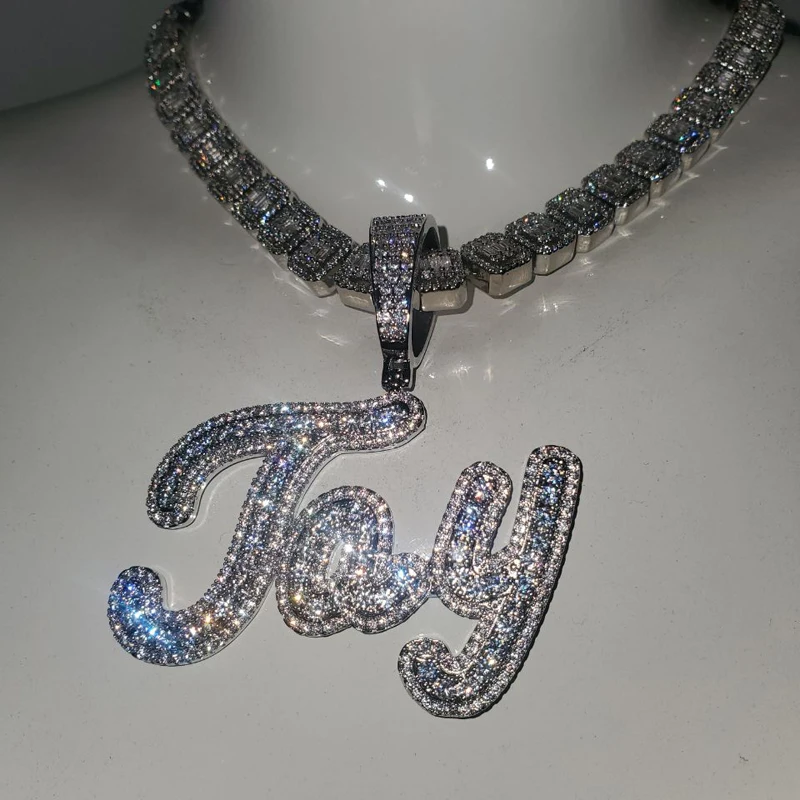 Grandbling Brush Cursive Letter Customized Name Necklace With Baguettes Chain With AAA CZ Personalized Hip HOP Jewelry