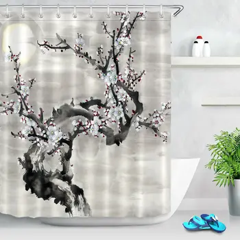 

Bathroom Waterproof Polyester Plum Blossom Ink Painting Shower Curtain Unique