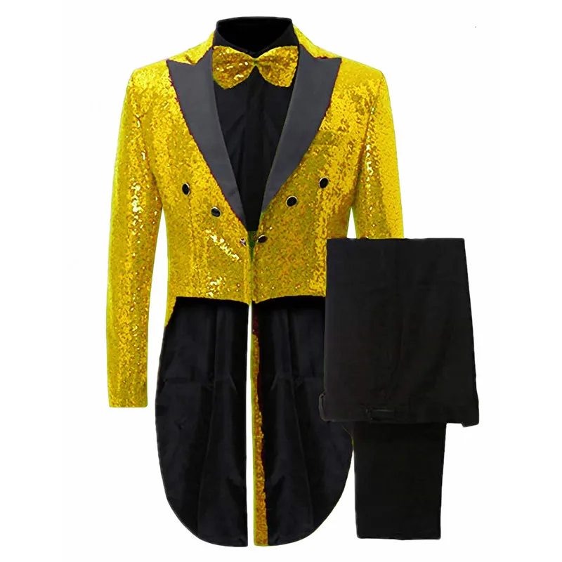 

Bling Sequins Tailcoat Jacket For Party Male 2 Pieces Stage Show Costume Singer Sequined Jacket Wedding Groomsmen Suits