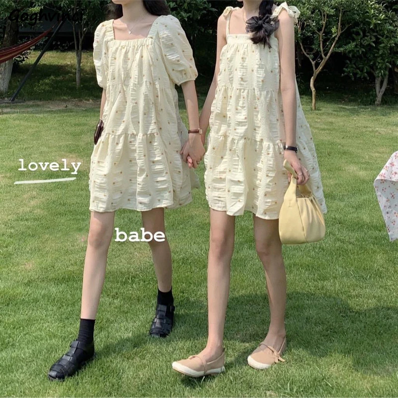 Sleeveless Dress Women Spaghetti Strap Pleated Elegant Printed Slash Neck Females Sweet Dresses Ins Korean Style Above Knee Chic mother of the groom dresses