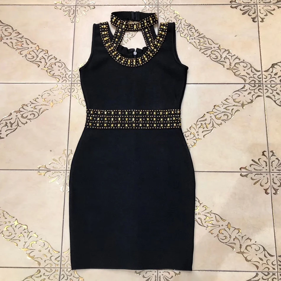 Autumn New Ladies Bodycon Bandage Dress Black Sexy Sleeveless Luxury Rivets Mini Length Club Party Dress Wholesale - Цвет: Черный