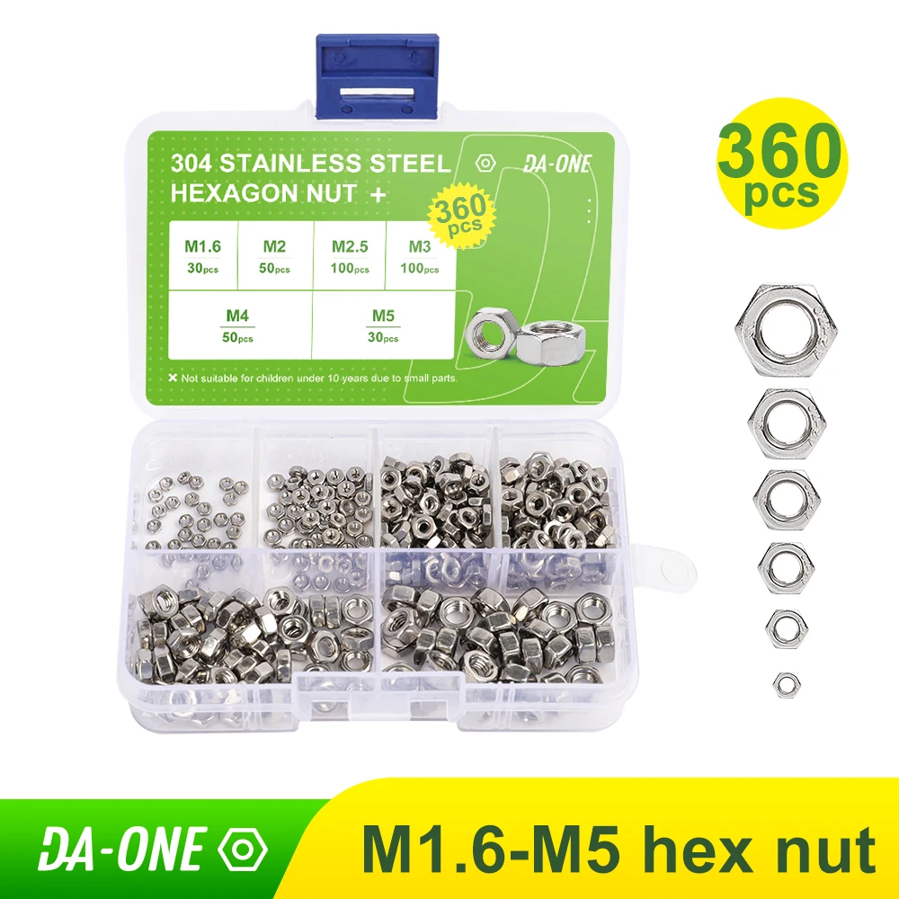 

DA-ONE 360 PCS Stainless Steel Hex Nut Kit Metric M1.6 M2 M2.5 M3 M4 M5 Hexagon Nuts Assortment Set DIN934 for Screw Bolt