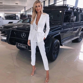 

2019 New Women Winter White Black two 2 Pieces Belt Fashion Jumpsuit Long Sleeve Good Quality Celebrity Party Verano Wholesale