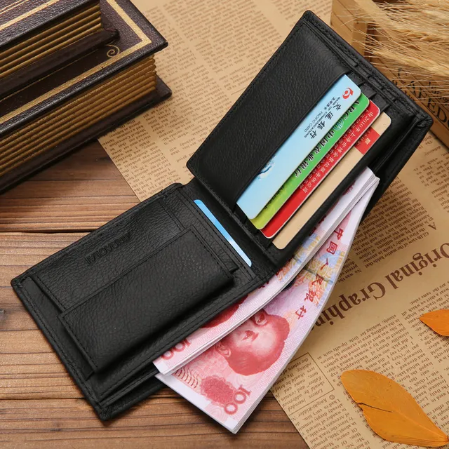 Genuine Leather Men Wallets Premium Product Real Cowhide Wallets for Man Short Black 3