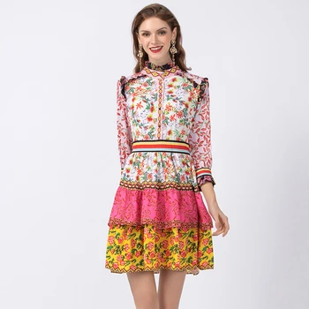 

Sweety Dress Women Elegant 2020 New Fashion Runway 3/4 Sleeve Patchwork Ruffles Floral Dress