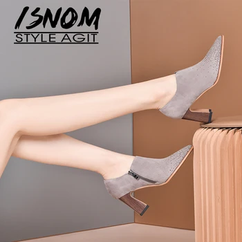 

ISNOM Wood Heels Spring Pumps Sheep Skin Suede High Heels Crystal Toe Pointed Toe Women Strange Heels Shoes 2020