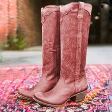 Laamei/Винтажные женские сапоги до колена; кожаные сапоги для верховой езды; средневековые женские ковбойские ботинки в западном стиле; сезон осень-зима; ботинки на плоской подошве с острым носком