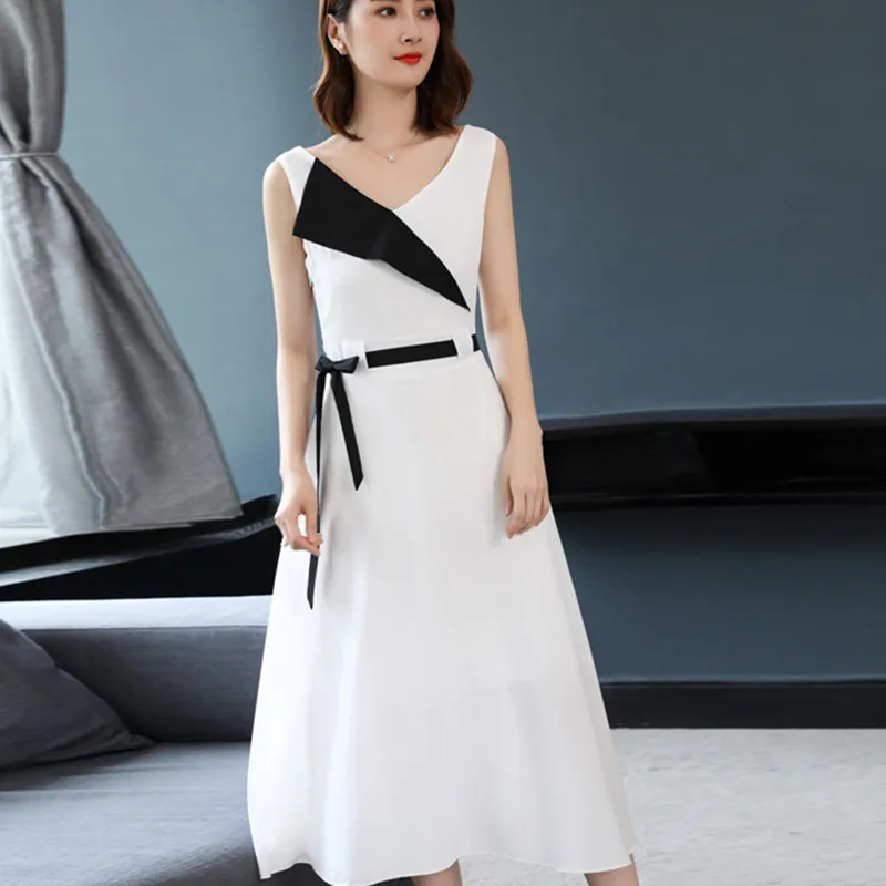 

Korean Fashion Dress Women Chiffon Dress Plus Size Woman High Waist Sleeveless Dresses Woman V-neck Belt Dresses Vestidos Verano