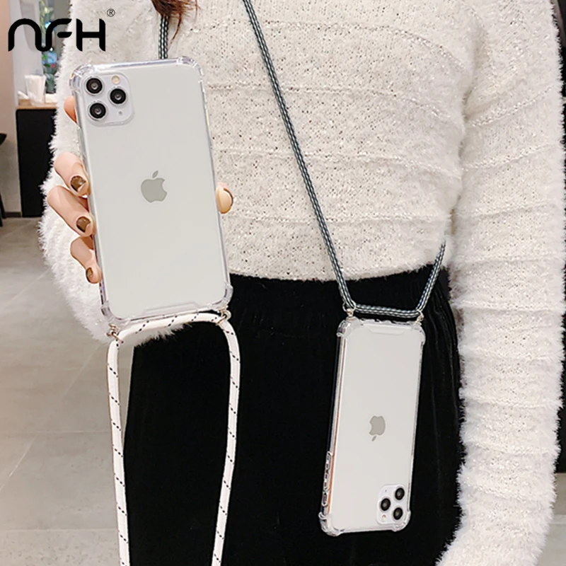 

For iPhone 11 Pro Max Luxury Clean Anti-fall Silicon Case For iPhon XR XS Max 6S 7 8 Plus Crossbody Necklace Cord Lanyards Cover