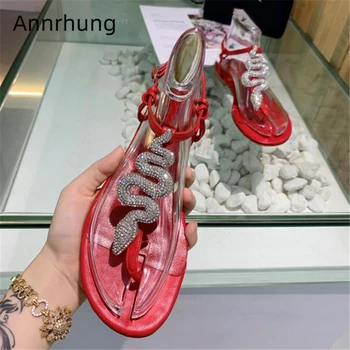 

Diamond Snake-like Gladiator Sandals Women Split Toe T-straps Genuine Leather Candy Color Flat Beach Shoes Woman