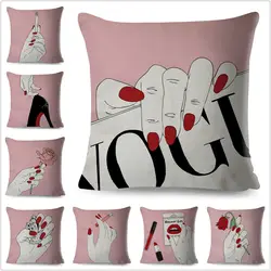 Простая розовая модная наволочка с принтом пальцев Vogue, льняная наволочка с мультяшным рисунком, 45*45 см, декоративная подушка для девочки