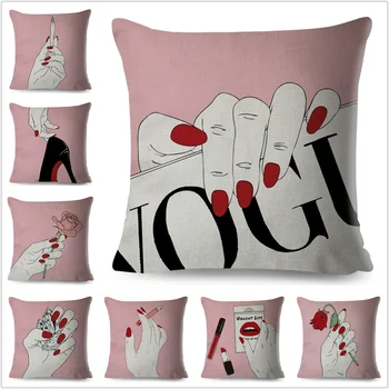 

Simple Pink Fashion Finger Print Vogue Cartoon Pillow Case Linen 45*45cm Decor Girl Cushion Cover for Car Sofa Home Pillowcase