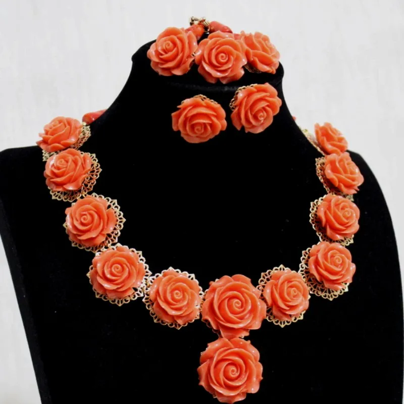 4 UJewelry, Африканский бисер, ювелирный набор, оранжевые коралловые цветы, набор nigeria, 3 штуки, серьги, браслет и ожерелье, набор для невесты, женщин