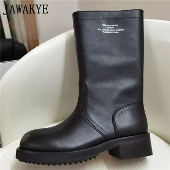 

Genuine Leather Wide Mid-calf Boots Round Toe Flat heel women Black Leather Winter Shoes Knight Boots
