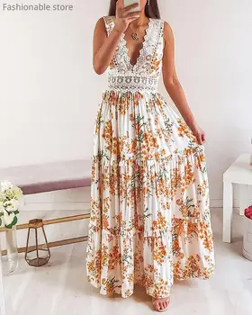 

Elegant Women Summer Deep Plunge Lace Trim Sundress Sleeveless Open Back Printed Maxi Dress Holiday Vacation Dress