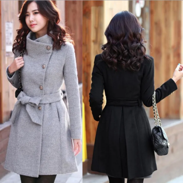 

2020 autumn and winter new women's slim belt woolen jacket stand-up collar all-match warm woolen cloth trench coat woman jacket