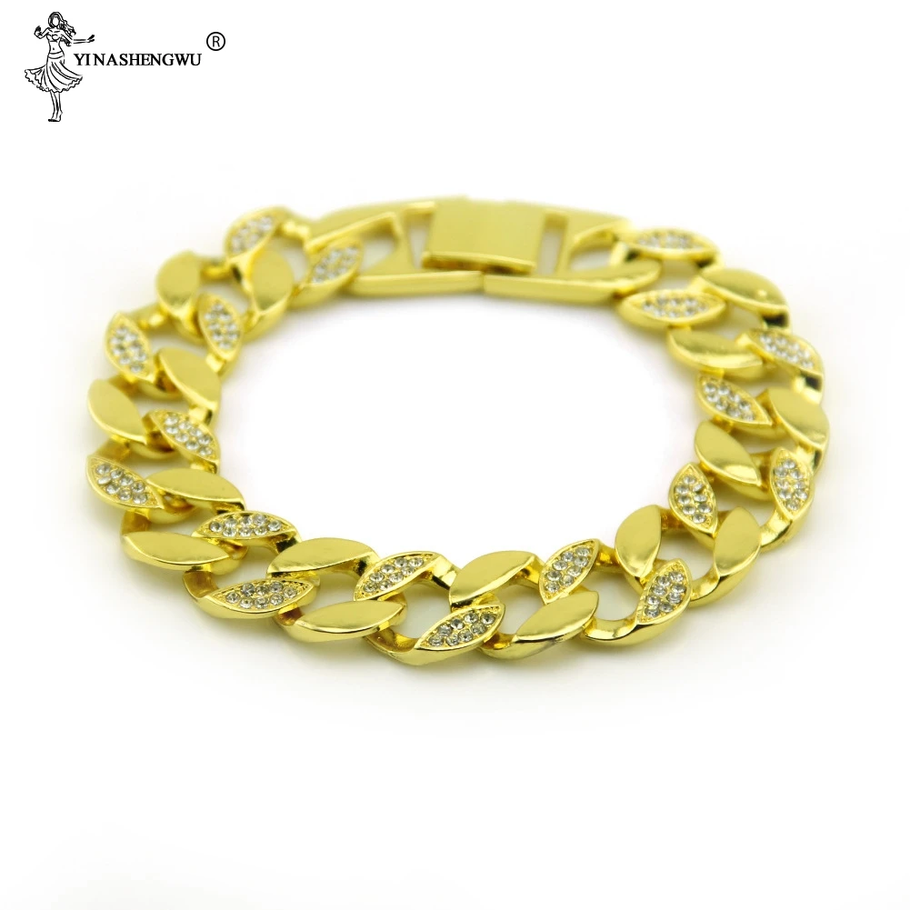 Хип хоп 16 мм 9 дюймов Золото Bling Iced Out Стразы кубинские звенья цепи браслеты Joyas мужской браслет Pulsera для мужчин ювелирные изделия