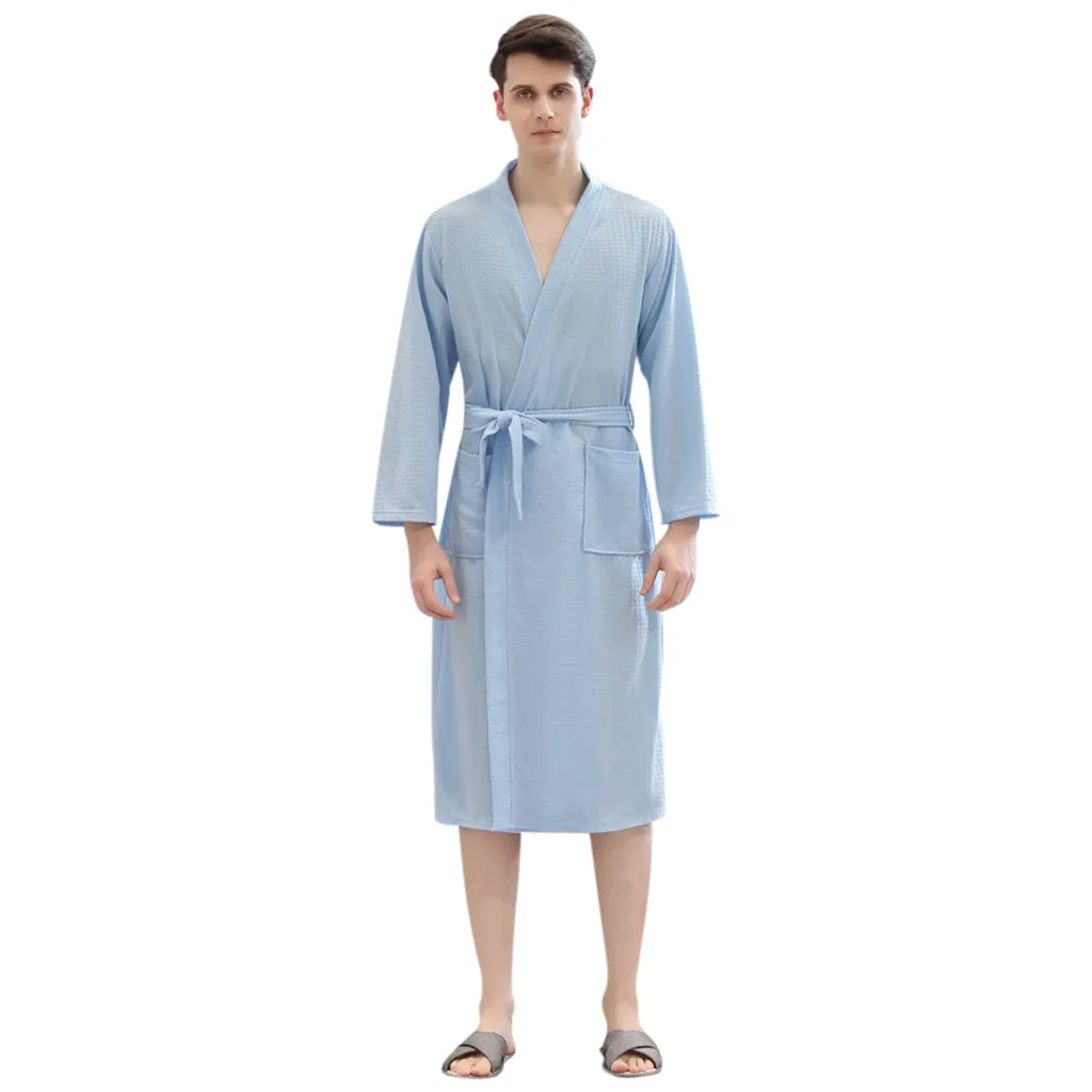 Мужской однотонный бандажный халат, пижама, длинная одежда для сна, с карманами, с поясом, мужской банный халат, Ночная одежда, мягкий Халат