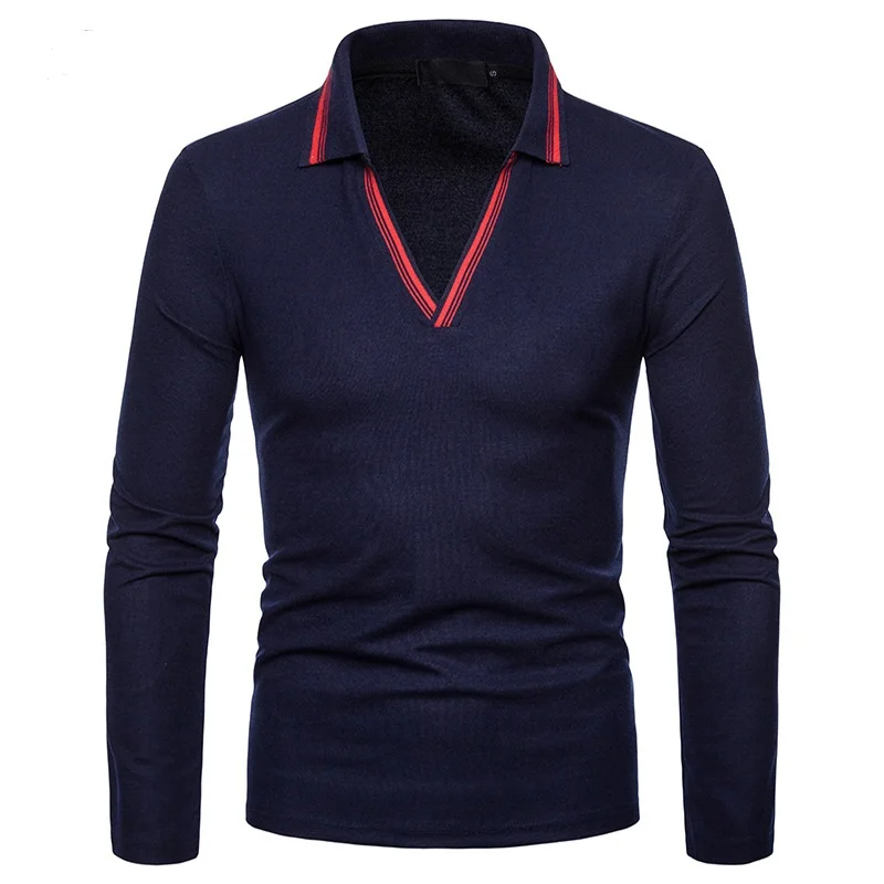 Men's plus-size v-neck design lapel long-sleeved sweatshirt POLO shirt
