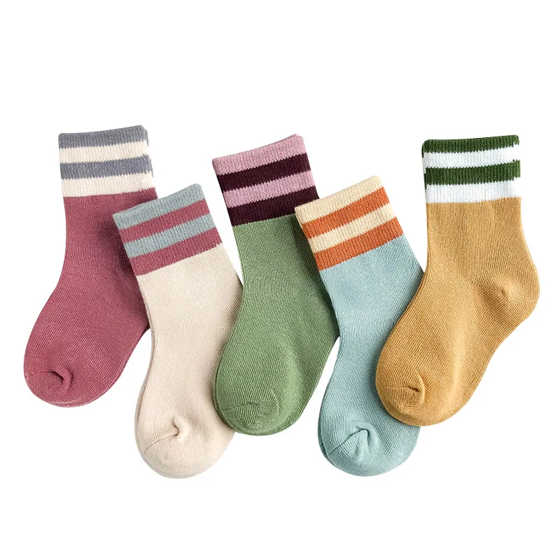5 пар/лот, Детские хлопковые носки для мальчиков и девочек, милые спортивные носки в полоску с мультипликационным принтом для малышей на осень и зиму, модные детские носки с вышивкой - Цвет: C106