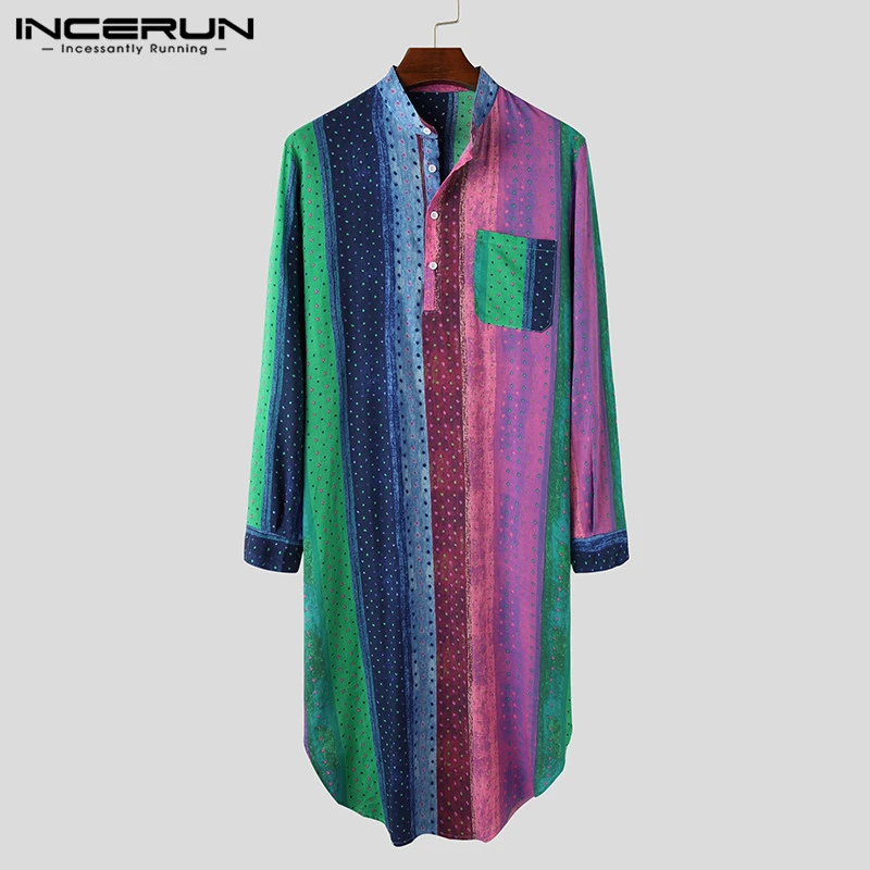 mens pjs Autumn Colorful Print Nightgown Men Long Sleeve Stand Collar Sleep Robes Loose Striped Homewear Men Cotton Sleepwear 5XL INCERUN mens pjs sale