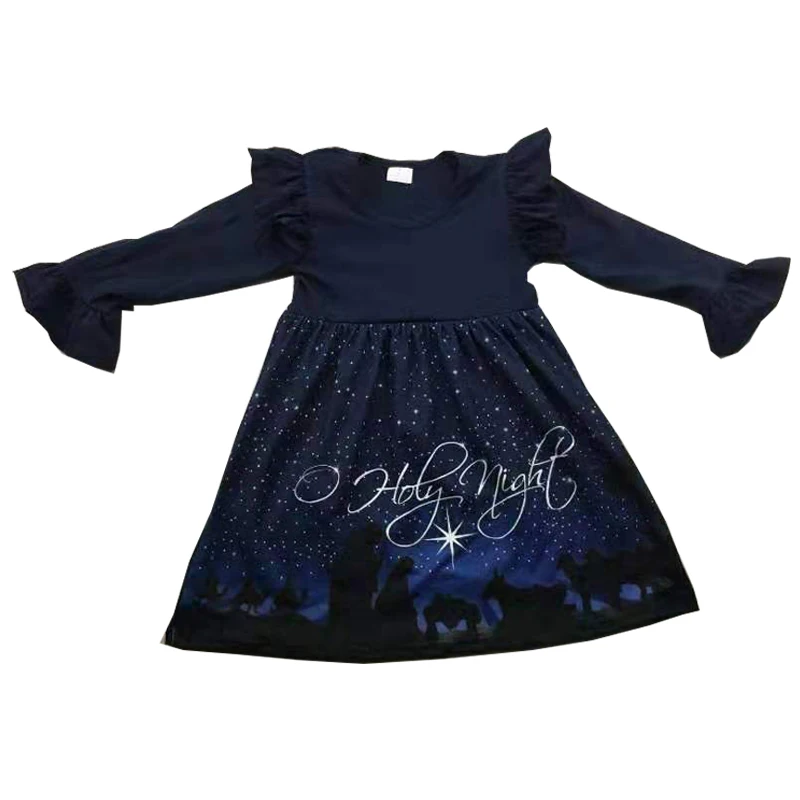 Дети девушка рождества платье Jesus Святая ночь с принтом зимнее платье с длинными рукавами chirtstmas платье
