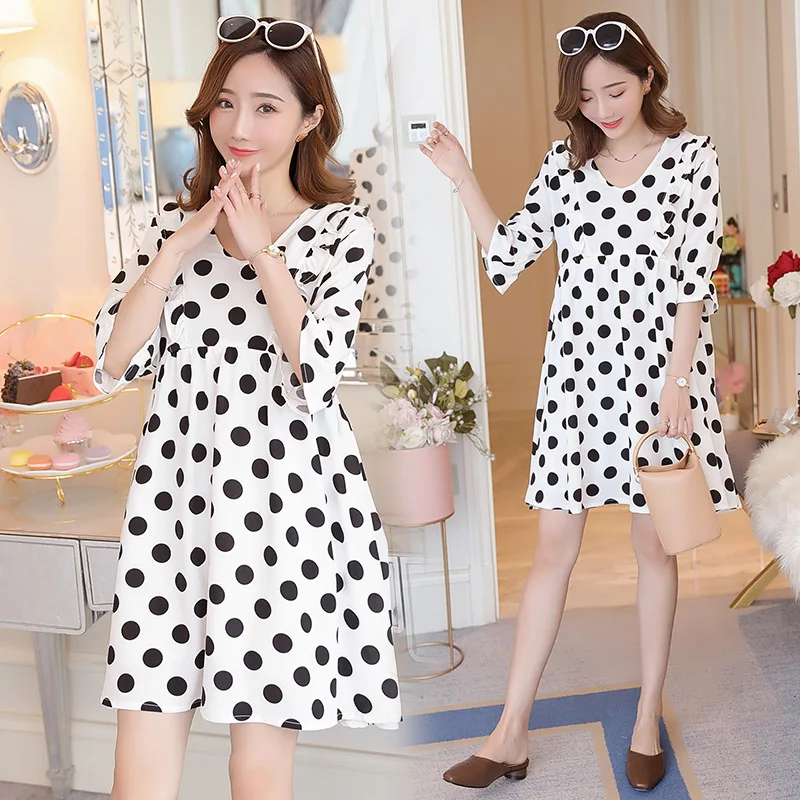 

2019 New Style Ultra-Stylish Polka Dot Nursing Mid-length Nursing Dress Short Sleeve Chiffon Dress