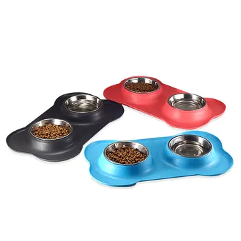 

Pet Dog Double Bowls Silicone Mat Non-Slip Food and water Feeding Stainless Steel dispenser No Spill Feeder dish for cats dogs