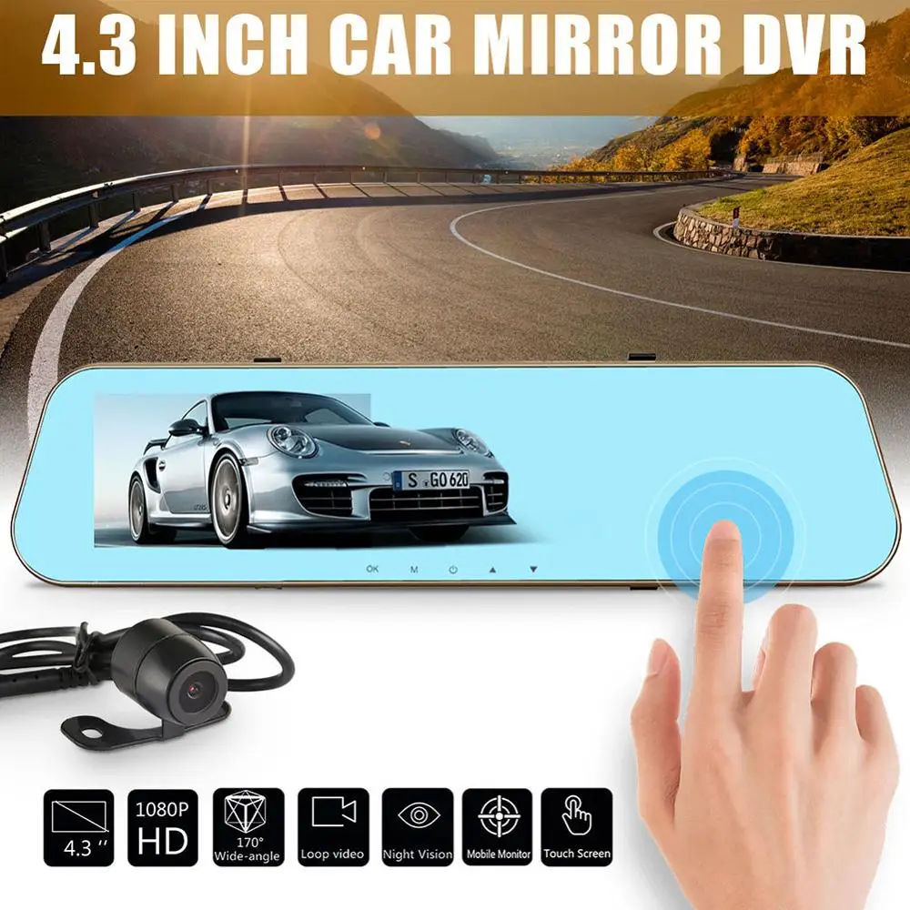 4,3 дюймов HD1080P 170 градусов сенсорный экран автомобиль авто DVR зеркальная камера заднего вида двойной объектив ночного видения камера