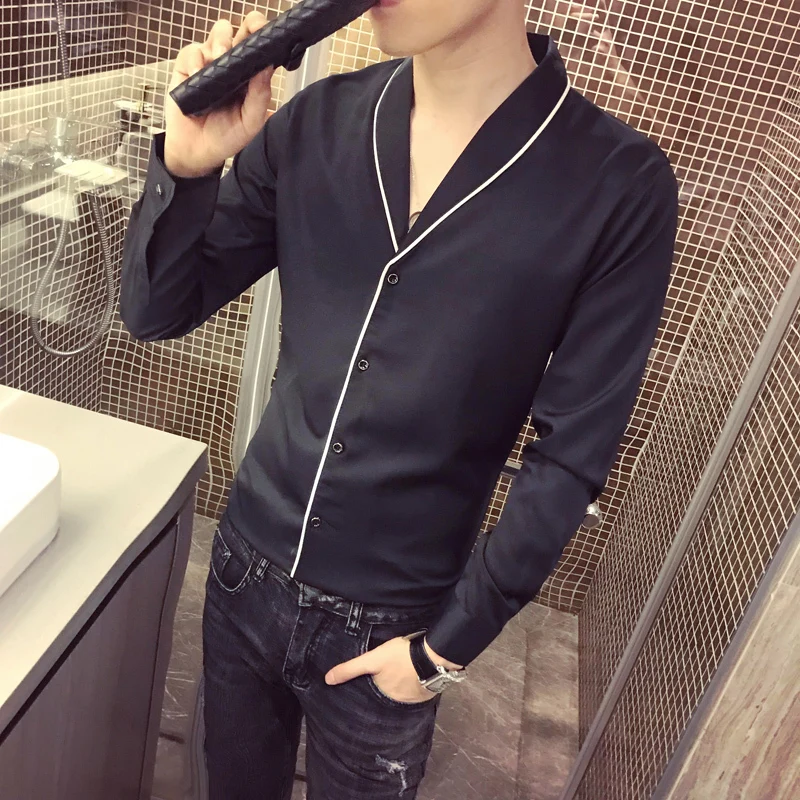 black Kemeja Pria Camisa Masculina, отложной воротник, осенняя Повседневная рубашка, Мужская однотонная уличная одежда с длинным рукавом, приталенная рубашка, Мужская - Цвет: black