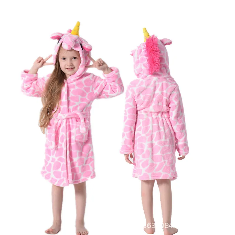 Rainbow flannel bathrobe cartoon pajamas animal hooded children's nightgownZQ137 - Color: Pink