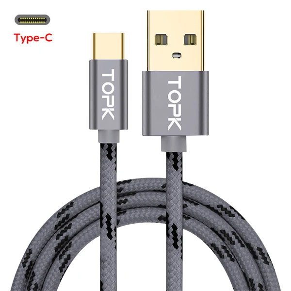 Кабель TOPK usb type-C для Xiao mi Note 7 mi 9, кабель USB C для быстрой зарядки и синхронизации данных для samsung Galaxy S9, Oneplus 6 t, type-C - Цвет: Dark Gray