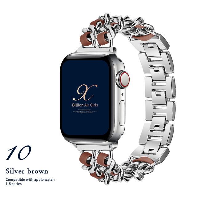 for Apple Watch6 5 4 40mm 44mm Watchband Stainless Steel Chain With Leather Bracelet Strap  for iwatch Series3 2 738mm 42mm