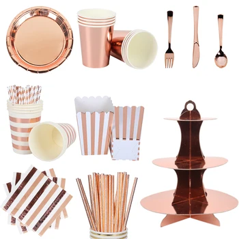 

Rose Gold Party Disposable Tableware Birthday Party Decorations Adult Kids Cup Plate cake stand Baby Bridal Shower Party Supply