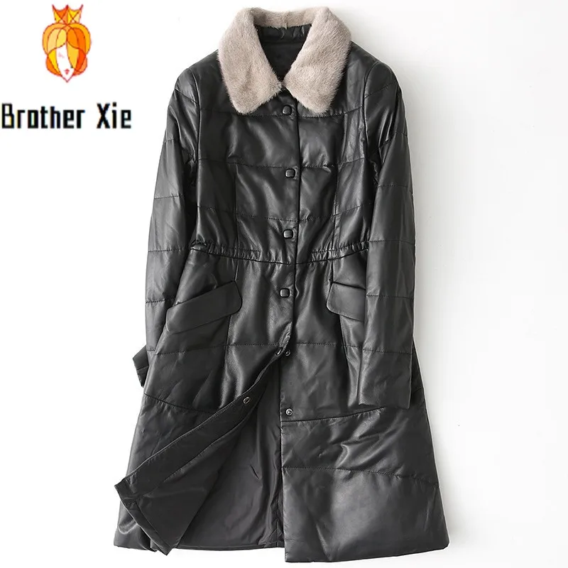 

High Quality Ladies Genuine Leather Coat Fashion Solid Mink Fur Collar Outerwear Female Slim Fit Sheepskin Jacket Plus Size 4XL