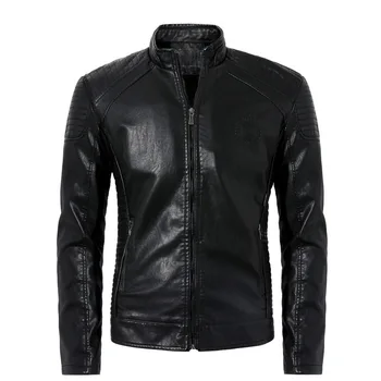 

Autumn and Winter Men Jacket Casual Plus Velvet Stand Collar Men Clothing PU Solid Color Long Sleeve Leather Jacket Men