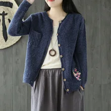 Винтажный женский свитер цветочный кардиган с вышивкой карманы Mori Girl осеннее Новое Женское вязаное пальто с длинными рукавами