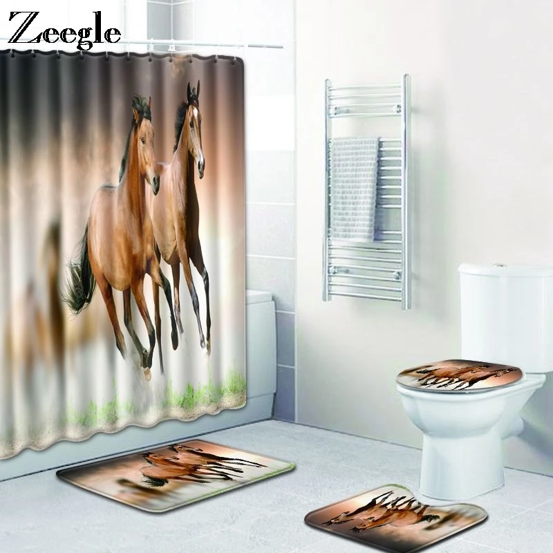 Zeegle Bath Mat Set and Bathroom Curtain Non Slip Bathroom Doormat Toilet Pedestal Rug Flannel Foot Mat Washable Soft Toilet Set