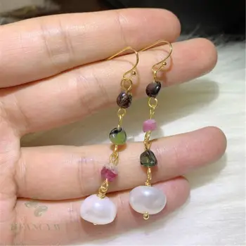 

White Baroque Pearl Earring 18k Gold Tourmaline rock Gift Irregular Natural Accessories Cultured Wedding Jewelry Party