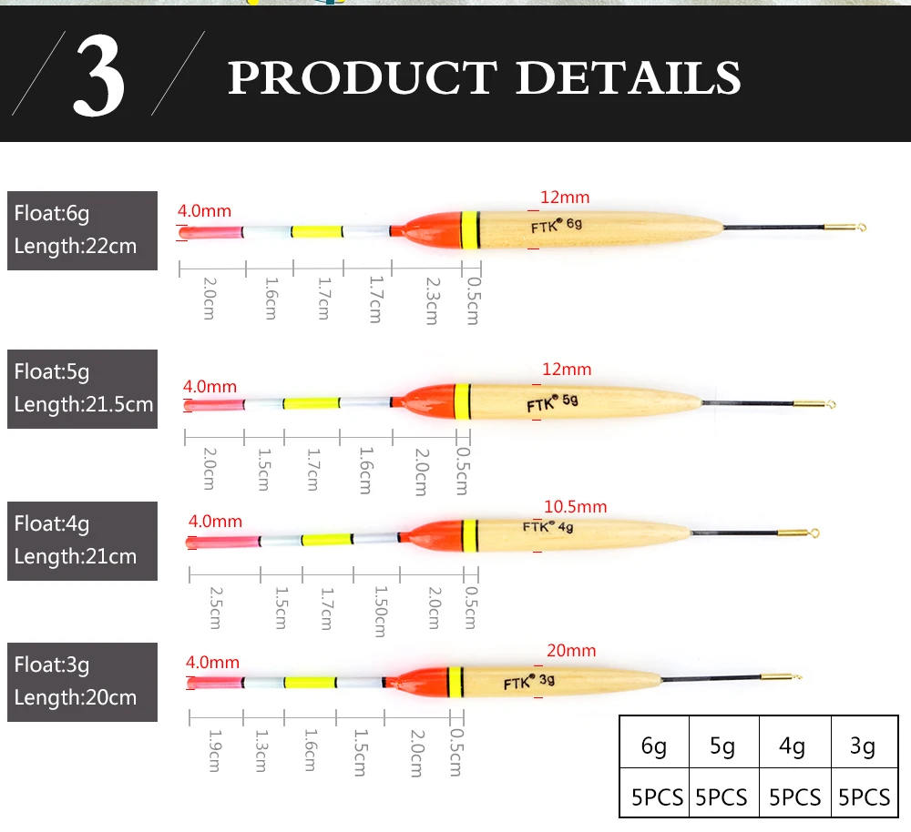 FTK Barguzinsky Fir 5Pcs/Lot Weight 3g-6g Fishing Float Length 20cm-22cm Float For Carp Fishing