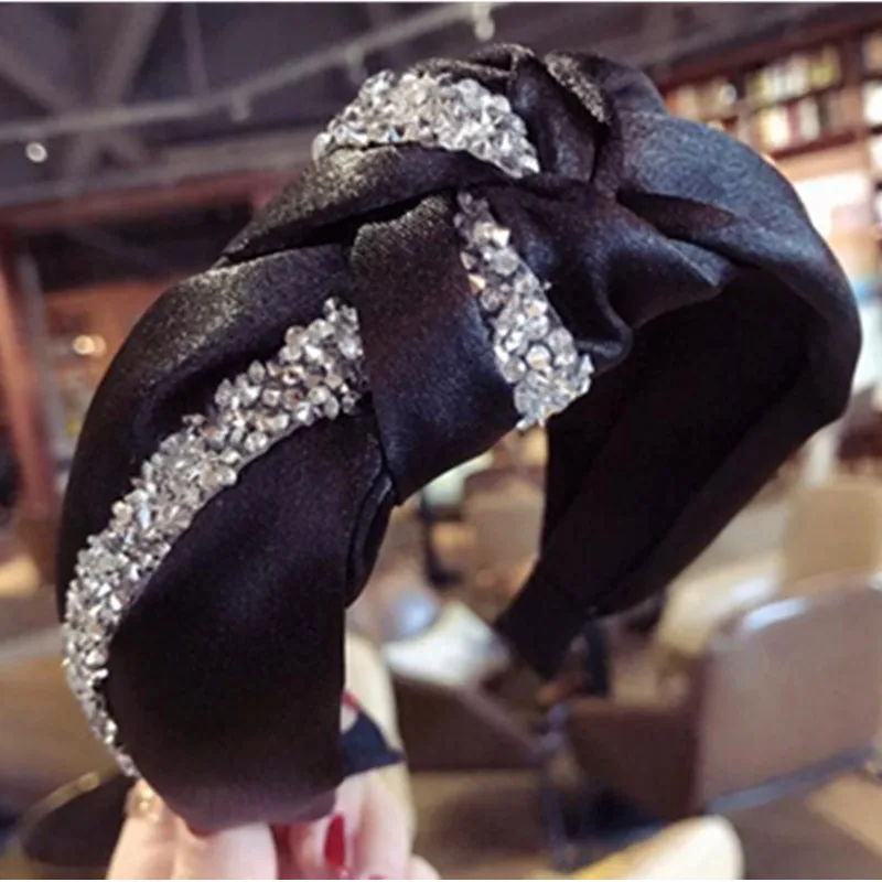 Bulk Rhinestones Headband for Women Top Quality Headdress Black Satin Fabric Crystals Chain Decorated Hairband Knot Hair Hoop