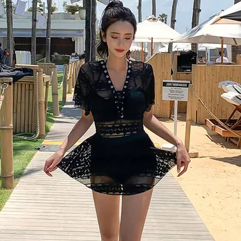 

women one piece swimming suit solid short sleeves swimwear swim skirt push up bathing suit lace sexy swimsuit high quality 2020