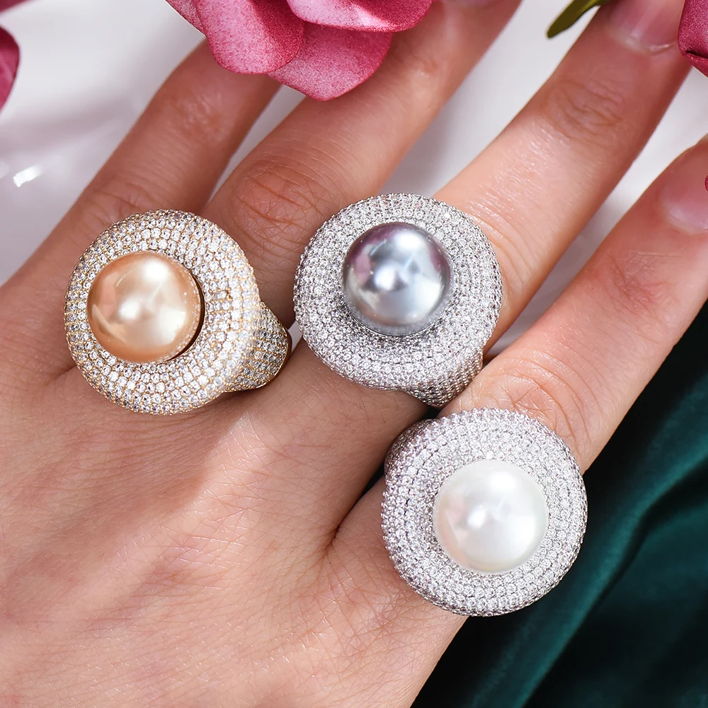 

Missvikki Gorgeous Luxury Big Round Pearl Rings for Noble women Bridal Wedding Party Anniversary Best Gift Jewelry High Quality