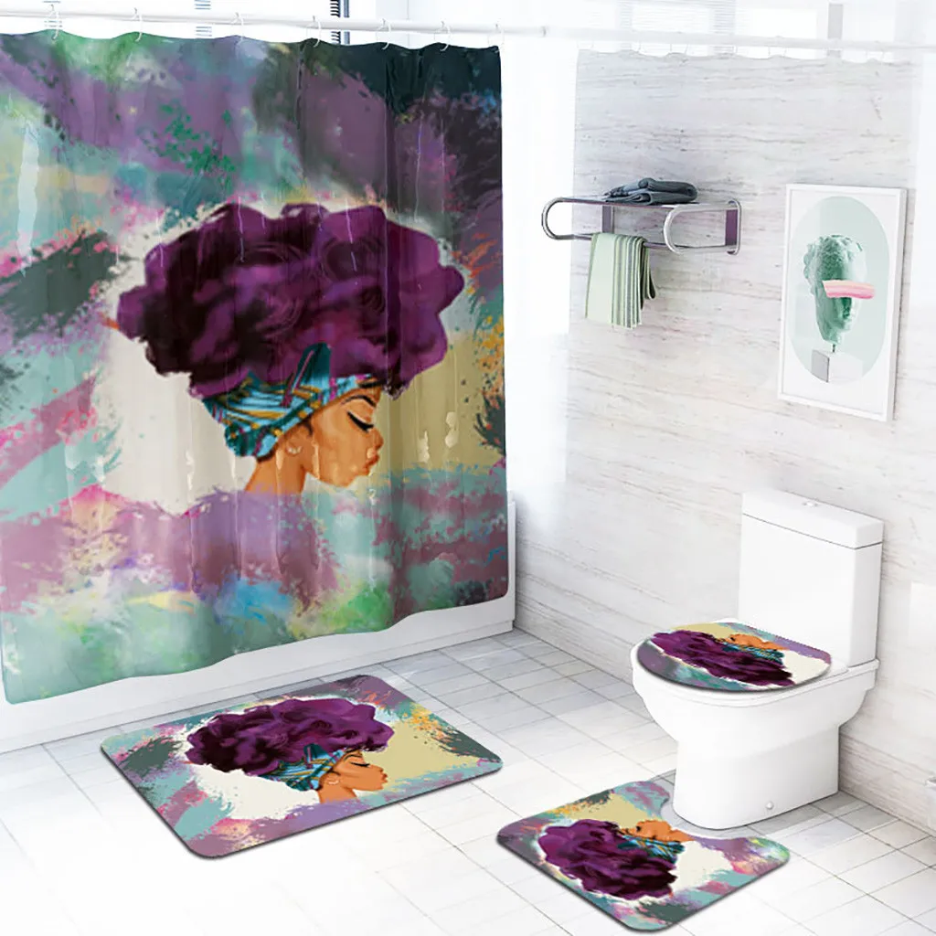 Ouneed 4PCS African explosion head Printd Bathroom Shower Curtains sets Non Slip waterproof Toilet Shower curtains Cover Mat set